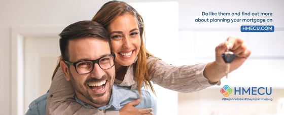 HMECU mortgage campaign ad, couple with new house keys